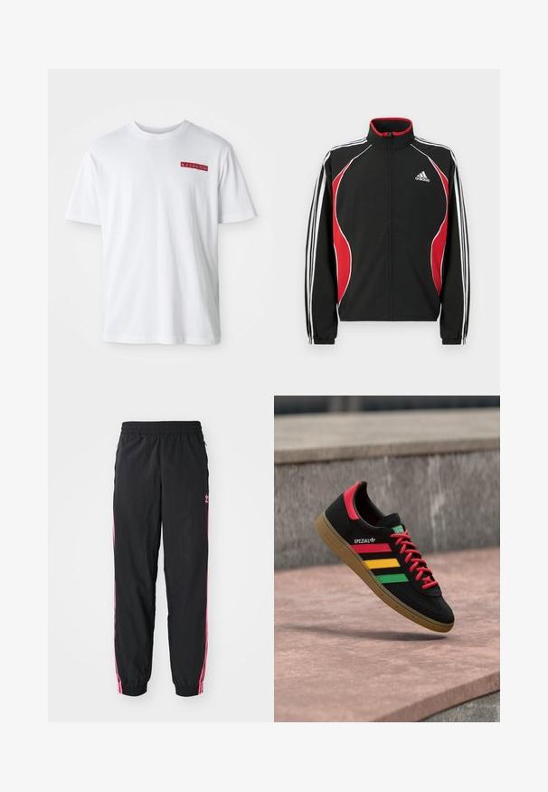 Sort trackjakke med røde og hvide accenter, lynlåslukning foran, høj krave og elastiske manchetter; har tre hvide striber ned ad ærmerne.; Hvid bomulds t-shirt med rund hals, korte ærmer og en lille rød grafisk detalje på venstre brystområde.; Sorte vindjakke bukser med pink sidestreifen, elastisk talje og manchetter. Har diskret branding på venstre ben. Glat tekstur.; Sort Adidas Spezial-sneaker med røde, gule og grønne striber, røde snørebånd, gummisål og rødt hældetalje, vist svævende over fortovet.