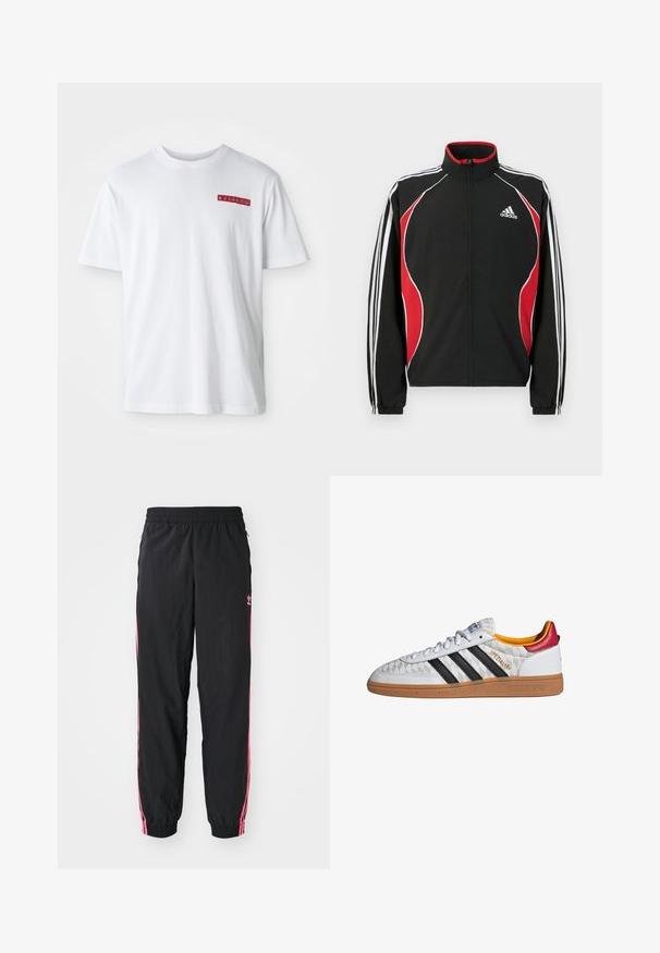 Sort trackjakke med røde og hvide accenter, lynlåslukning foran, høj krave og elastiske manchetter; har tre hvide striber ned ad ærmerne.; Hvid bomulds t-shirt med rund hals, korte ærmer og en lille rød grafisk detalje på venstre brystområde.; Sorte vindjakke bukser med pink sidestreifen, elastisk talje og manchetter. Har diskret branding på venstre ben. Glat tekstur.; Hvid Adidas Spezial sneaker med sorte striber, gummisål, quiltet mønster, rød hælflap og gul inderfor, set fra siden.