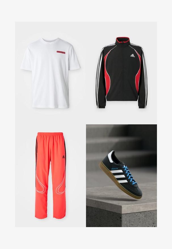 Chaqueta de chándal negra con detalles en rojo y blanco, cierre frontal con cremallera, cuello alto y puños elásticos; presenta tres rayas blancas a lo largo de las mangas.; Camiseta de algodón blanca con cuello redondo, mangas cortas y un pequeño detalle gráfico rojo en el área del pecho izquierdo.; Pantalones deportivos rojos de corte holgado, con cintura elástica, rayas laterales negras y detalles de ribete blanco a lo largo de las piernas. Logo de Adidas en la cadera.; Zapatilla negra Adidas con franjas blancas, cordones azules y suela de goma flotando sobre un escalón de hormigón gris con luz suave.