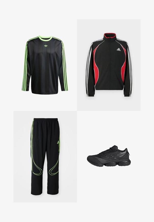 Zwart trainingsjack met rode en witte accenten, ritssluiting aan de voorkant, hoge kraag en elastische manchetten; voorzien van drie witte strepen langs de mouwen.; adidas Originals JACQ - Longsleeve - black signal green; Zwarte Adidas sportbroek met neon groene gebogen lijnen en drie strepen aan de zijkanten, elastische tailleband en het Adidas-logo op de voorkant van de bovenbenen.; Zwarte sportschoen met dikke gesegmenteerde zool, gestructureerd bovenwerk en vetersluiting, gezien van opzij tegen een witte achtergrond.