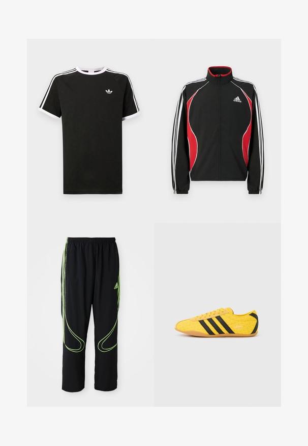 Zwart trainingsjack met rode en witte accenten, ritssluiting aan de voorkant, hoge kraag en elastische manchetten; voorzien van drie witte strepen langs de mouwen.; Zwarte T-shirt van katoen met witte accenten. Beschikt over korte mouwen, raglanontwerp en een klein logo op de borst. Drie witte strepen op de schouders.; Zwarte Adidas sportbroek met neon groene gebogen lijnen en drie strepen aan de zijkanten, elastische tailleband en het Adidas-logo op de voorkant van de bovenbenen.; Geel sportschoen met een gestructureerd bovenwerk, voorzien van zwarte strepen en logo. Ronde neus, zachte zool en zigzagpatroon op het materiaal.