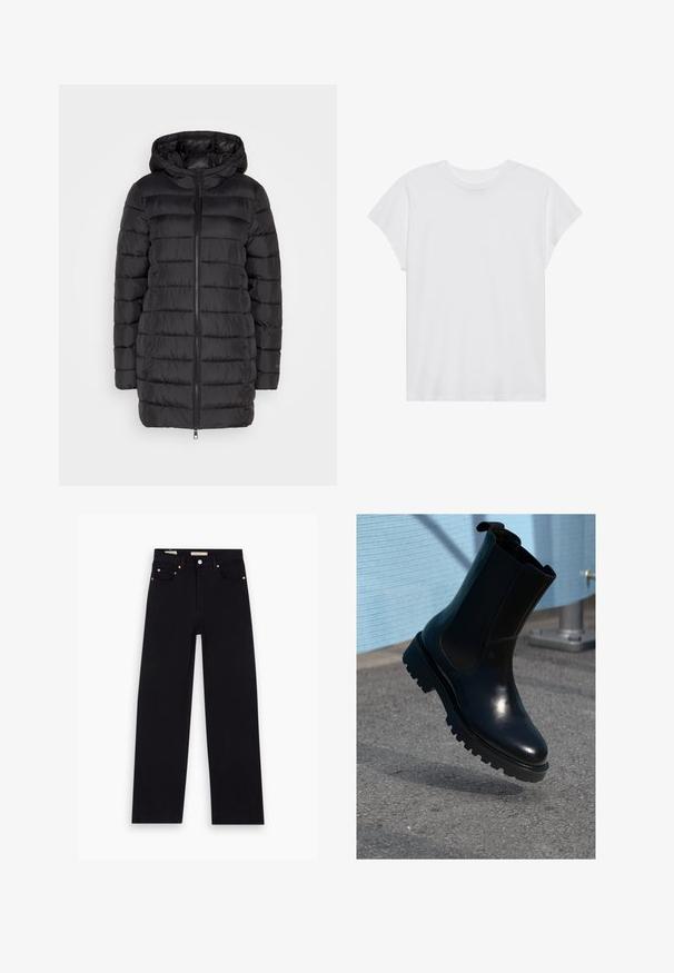 Schwarze Daunenjacke mit Kapuze, mit einem Reißverschluss vorne, horizontal gestepptem Muster und mittellangem Design. Glatte Textur.; Weißes kurzärmliges T-Shirt mit Rundhalsausschnitt, lockerer Passform, aus weichem Baumwollstoff. Glatte Textur, keine Muster oder Logos.; Schwarze Denim-Jeans mit geradem Schnitt, fünf Taschen, Kupferbeschlägen und einer glatten Textur. Zwei Etiketten sind am Bund sichtbar.; Schwarzer Leder-Stiefelette mit elastischen Seitenteilen, rundlicher Spitze und einer dicken, strukturierten Sohle. Glatte Oberfläche mit minimalistischem Design.