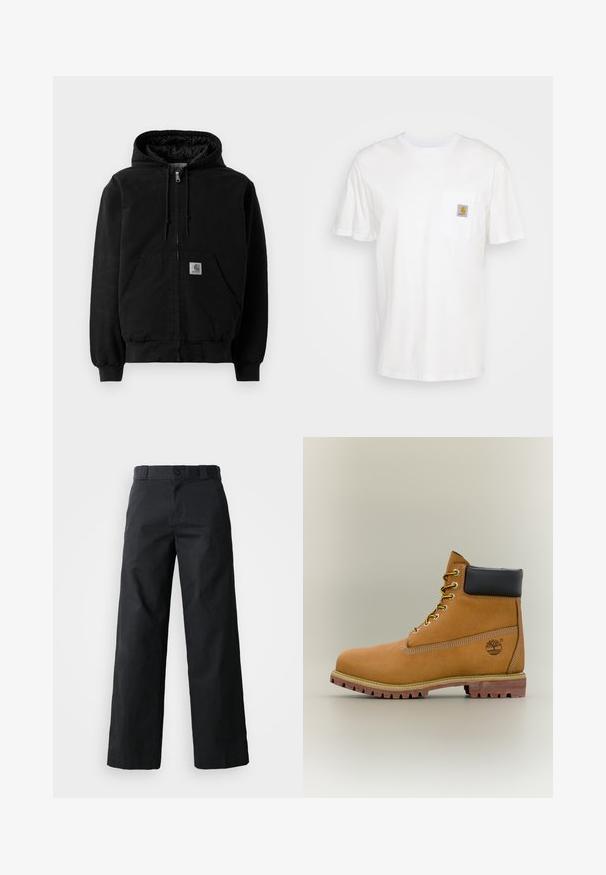 Chaqueta con capucha negra con cremallera, bolsillos frontales, capucha con cordón ajustable, puños acanalados y un pequeño parche del logo de Carhartt en el bolsillo.; Camiseta de algodón blanca con mangas cortas, un bolsillo en el pecho y un pequeño parche cuadrado de logo en naranja y blanco en el bolsillo.; Pantalones de pierna ancha negros hechos de algodón. Cuenta con cierre de botón, lazos para cinturón y bolsillos laterales. Textura suave con un corte ajustado.; Bota de tobillo de cuero marrón con cuello negro, cordones amarillos y suela beige. Presenta un logotipo y detalles de costura blanca. Suela exterior con tracción robusta.