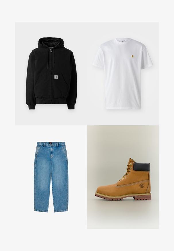 Zwarte ritssluiting hoodie-jack met voorzakken, een trekkoord aan de capuchon, ribgebreide boorden en een kleine Carhartt logo-patch op de zak.; Witte katoenen t-shirt met korte mouwen en ronde hals, voorzien van een klein gouden logo op de linkerkant van de borst. Zachte textuur en een normale pasvorm.; Lichtblauwe denim jeans met een rechte pijp. Voorzien van voorzakken, een rits en contrasterende stiksels langs de naden.; Bruine leren enkellaars met zwarte kraag, gele veters en een zandkleurige zool. Voorzien van een logo en witte stikseldetails. Robuuste loopzool met grip.