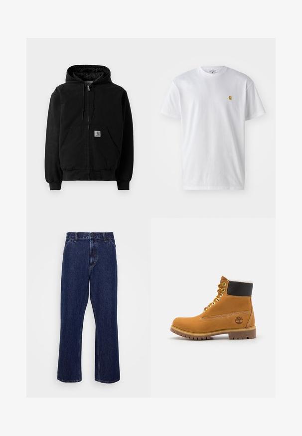 Zwarte ritssluiting hoodie-jack met voorzakken, een trekkoord aan de capuchon, ribgebreide boorden en een kleine Carhartt logo-patch op de zak.; Witte katoenen t-shirt met korte mouwen en ronde hals, voorzien van een klein gouden logo op de linkerkant van de borst. Zachte textuur en een normale pasvorm.; Donkerblauwe denim jeans met een recht-uitlopende pasvorm, voorzien van een knoopsluiting, vijf zakken en subtiele stikseldetails.; Bruine leren enkellaars met metalen oogjes, witte faux bont voering, zwarte gewatteerde kraag, robuuste zool en een reliëflogo aan de zijkant.