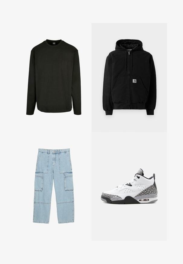 Zwarte ritssluiting hoodie-jack met voorzakken, een trekkoord aan de capuchon, ribgebreide boorden en een kleine Carhartt logo-patch op de zak.; Zwarte lange mouwen T-shirt van katoen, met een ronde hals en een rechte zoom. Minimalistisch ontwerp zonder patronen of accenten.; Lichtblauwe denim cargobroek met wijde pijpen, meerdere zijzakken en gestikte details. Casual ontwerp dat geschikt is voor verschillende outfits.; Witte en grijze hoge sneaker met zwarte en olifantenprint accenten, zichtbare luchtzool en vetersluiting op een effen achtergrond.