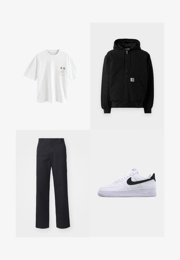 Zwarte ritssluiting hoodie-jack met voorzakken, een trekkoord aan de capuchon, ribgebreide boorden en een kleine Carhartt logo-patch op de zak.; Next T-SHIRT - T-shirt print - white japan; Zwarte rechte broek van een katoenmix. Heeft een platte tailleband met riemlussen en geen zichtbare hardware of versieringen.; Witte leren sneaker met een gestructureerde zwarte Swoosh, platte veters en een rubberen zool met een geribbeld patroon. "AIR" is in de hak geperst.