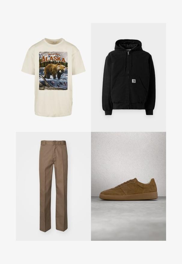 Sort zip-up hættejakke med forlommer, snoretræk i hætten, ribbede manchetter og et lille Carhartt-logo patch på lommen.; Cremefarvet bomuldstrøje med et grafisk print af en brun bjørn i vandet, bjerge og træer, med teksten "Alaska" og "Den Sidste Grænse."; Brune bukser med flad front design, lige ben og klassisk talje. Fremstillet af holdbart stof, uden synlige mønstre eller udsmykninger.; Brun ruskindsneaker med tanfarvede snørebånd og gummisål. Har en rundet snude og synlige stikninger på overdelen. Letvægtsdesign.