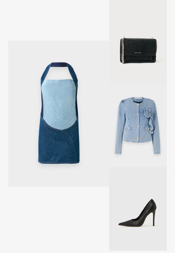 Lichtblauwe denimjack met een ronde halslijn, gouden knoopsluiting, opgestikte zakken en een decoratieve stoffen bloem aan de linkervoorzijde.; Denim schort met een mix van licht en donkerblauwe stoffen, met gebogen paneelontwerpen en een halternek silhouet.; Zwarte leren pumps met hoge hak, een puntige neus, een gladde textuur en een slank ontwerp. Voorzien van een smalle naaldhak en open zijkanten.; Zwarte suède handtas met een zilveren kettingband, met een klep sluiting en het reliëf logo detail aan de voorkant. Compacter rechthoekige vorm.