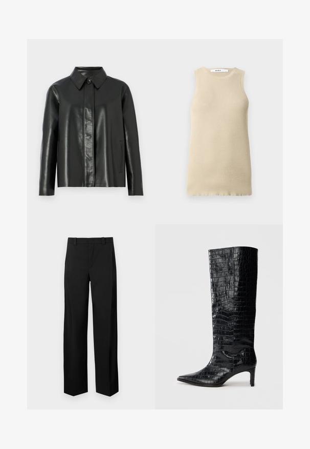 Veste en cuir noir avec un col, fermeture à boutons à l'avant et deux poches latérales. Texture lisse avec des détails de couture minimes.; Haut sans manches beige à côtes avec col rond, présentant une coupe ajustée et une texture lisse, idéal pour le superposé ou les temps chauds.; Pantalon noir à jambes larges en tissu tissé lisse. Possède un devant plat, des passants de ceinture et des poches latérales pour un look ajusté.; Bottes noires montantes, avec une texture brillante à motif crocodile, bout pointu et talon effilé. Matériau synthétique lisse.