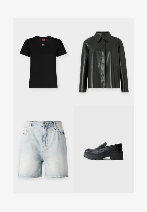 Zwarte leren jas met een kraag, knopen aan de voorkant en twee zijzakken. Gladde textuur met minimale stikseldetails.; Zwart T-shirt met korte mouwen en ronde hals met wit "HUGO"-logo gecentreerd vlakbij de kraag, rood label binnenin de hals.; Lichtblauwe denim shorts met een knoopsluiting, vijf zakken en een vervaagde textuur. Rechte pasvorm met een klassiek ontwerp.; Zwarte chunky platform loafers met een soepel leren bovenwerk, decoratieve band en dikke gestructureerde zool op een witte achtergrond.