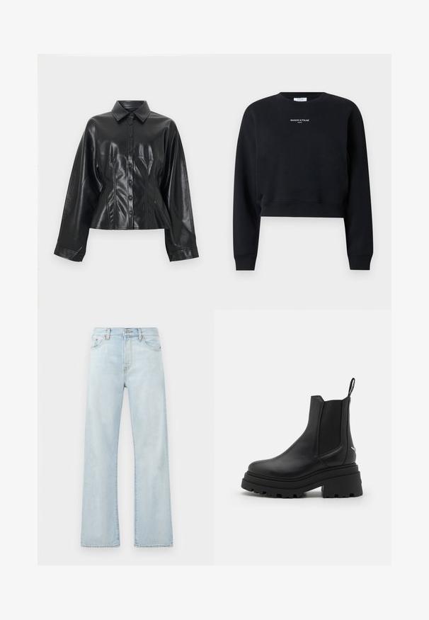 Sort cropped skjortejakke i imiteret læder med spids krave, seks knapper foran og lange ærmer, med en glat, blank tekstur.; Sort kortlangærmet sweatshirt med rund hals, ribstrikkede manchetter og kant samt hvid "MAISON KITSUNÉ PARIS"-tekst centreret på brystet.; Lyseblå denimjeans med høj talje, vidde ben-design og subtil falming. Har klassisk fem-lommes styling og tonale syninger.; Sorte chelsea støvler lavet af glat læder med elastiske sidepaneler, en tyk, rillede gummisål og en pull-tab bagpå.
