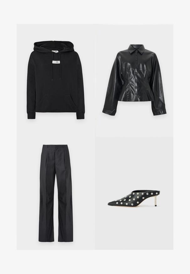 Veste-chemise courte en cuir synthétique noir avec col pointu, fermeture à six boutons et manches longues, présentant une texture lisse et brillante.; Sweat à capuche noir avec poche kangourou avant, cordons de serrage et petite étiquette blanche avec des chiffres sur la poitrine.; Pantalon ajusté taille haute à fines rayures gris foncé, jambes larges et passants de ceinture, présenté sur un fond blanc uni.; STAND STUDIO KELSEY - Mules à talons - black