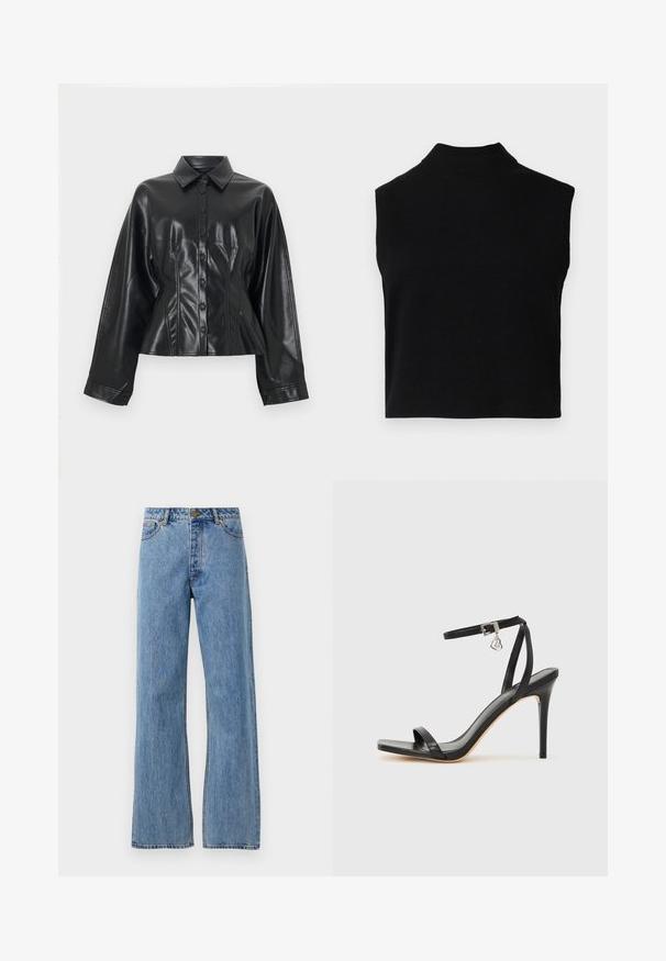 Sort cropped skjortejakke i imiteret læder med spids krave, seks knapper foran og lange ærmer, med en glat, blank tekstur.; Sort ærmeløs turtleneck-top med en tætsiddende pasform, lavet af blødt stof, med en ribbet halsudskæring og en glat overflade.; Lyseblå højtaljede lige jeans med frontknap, lynlås og femlomme-design på hvid baggrund.; Sort hæl-sandal med smal ankrem, firkantet tå-boks, glat lædermateriale og metalspænde som pynt.
