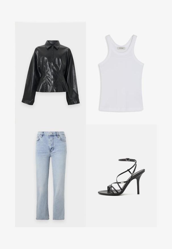 Veste-chemise courte en cuir synthétique noir avec col pointu, fermeture à six boutons et manches longues, présentant une texture lisse et brillante.; Débardeur blanc en tissu lisse, avec un col rond et des bretelles larges, comportant une étiquette à l'intérieur indiquant "IVY OAK".; Jean en denim bleu clair avec une coupe droite, cinq poches, une fermeture à bouton et zip, et des détails de couture visibles.; Sandale noire à talons hauts avec des brides fines, une boucle à la cheville, une surface en cuir lisse et un talon aiguille élancé.