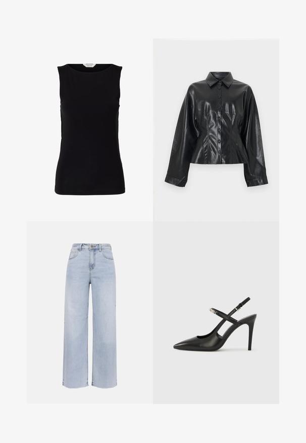 Veste-chemise courte en cuir synthétique noir avec col pointu, fermeture à six boutons et manches longues, présentant une texture lisse et brillante.; Haut noir sans manches, cintré, avec encolure ronde et étiquette de marque blanche à l'intérieur du col.; Jean large taille haute bleu clair avec bouton et fermeture éclair à l'avant, deux poches avant et deux poches arrière, et ourlet brut.; Escarpins slingback en cuir noir avec bout pointu, design ajouré et bride ajustable ornée de ferrures métalliques.