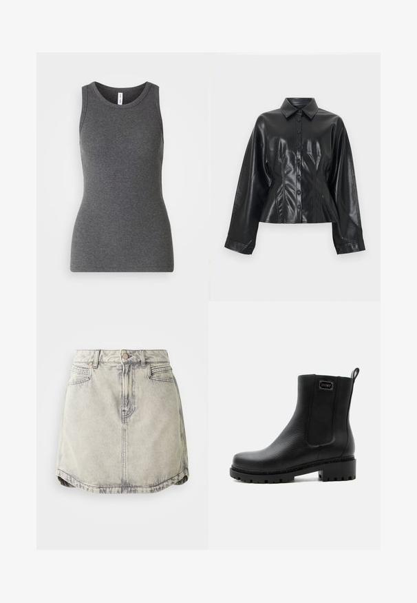 Veste-chemise courte en cuir synthétique noir avec col pointu, fermeture à six boutons et manches longues, présentant une texture lisse et brillante.; Débardeur gris sans manches en matière côtelée ; doté d'un col rond et d'une coupe ajustée. Sans motifs ni accents supplémentaires.; Jupe en denim gris clair avec une texture délavée, dotée d'une taille à boutons, de poches avant et d'une ourlet légèrement courbé.; Bottine noire en cuir texturé avec panneau latéral élastique, semelle crantée épaisse, languette et petit logo DKNY sur le côté supérieur.