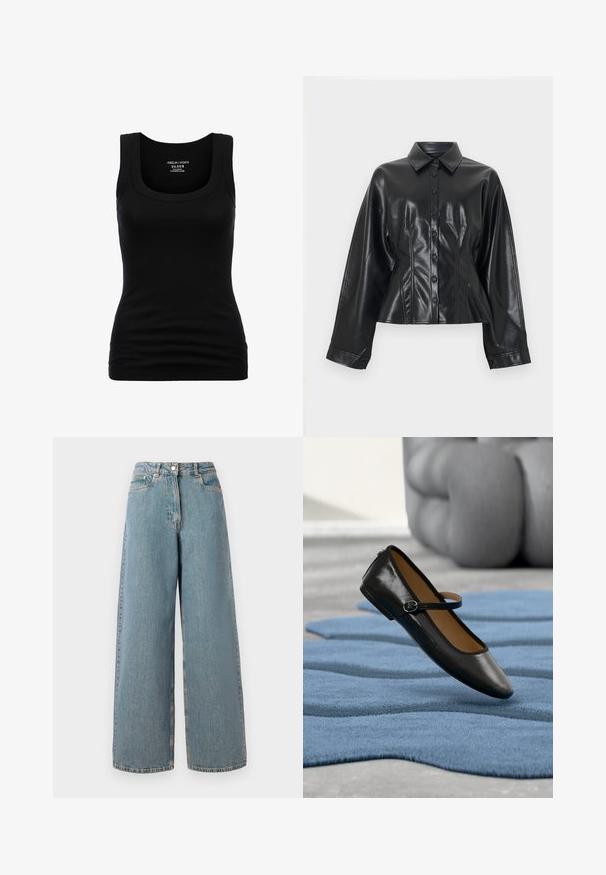 Veste-chemise courte en cuir synthétique noir avec col pointu, fermeture à six boutons et manches longues, présentant une texture lisse et brillante.; Débardeur noir à col rond et bretelles larges, en coton extensible, présentant une silhouette ajustée et une texture lisse.; Jeans en denim bleu clair taille haute, à jambes larges, avec fermeture éclair à l'avant, bouton et poches avant.; Chaussure Mary Jane en cuir noir avec bride à boucle, posée sur un tapis bleu texturé, avec un canapé gris capitonné flou en arrière-plan.