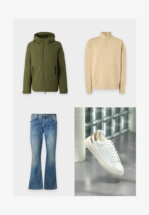 Olijfgroene jas met een capuchon, voorzien van een rits aan de voorkant, schuine naden, zijzakken en een logo-accent op de mouw. Soepele structuur.; Beige sweatshirt met een hoge hals en een rits tot de helft. Heeft ribgebreide mouwen en zoom, met een subtiele logo op de borst. Gladde textuur.; Blauwe flared jeans van denim met een vervaagde was. Beschikken over vijf riemlussen, een knoopsluiting en klassieke stiksels.; Witte leren sneaker met beige gepatterneerde accenten op de hiel, gladde textuur, vetersluiting en gegraveerd merklogo op de zijkant.