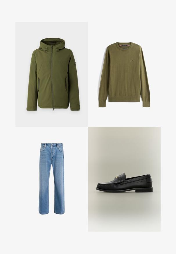 Olivengrøn jakke med hætte, som har en frontlynlås, skrå syninger, sidelommer og logoaccent på ærmet. Glat tekstur.; Olivengrøn langærmet crewneck-trøje med lille Tommy Hilfiger-logo på venstre bryst og ribstrikkede manchetter og kant.; Lyseblå denim jeans med lige ben-design, fem lommer, knaplukning, minimal falming og kontraststingdetaljer.; Sort læder slip-on loafer med lav hæl, guldbeslag og præget mærkenavn på siden mod en neutral baggrund.