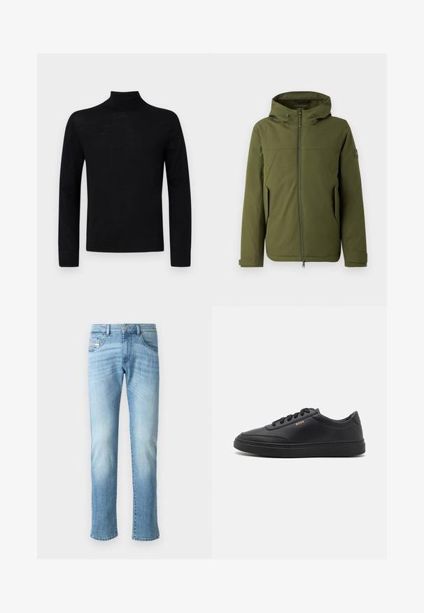 Olivengrøn jakke med hætte, som har en frontlynlås, skrå syninger, sidelommer og logoaccent på ærmet. Glat tekstur.; Sort højhalset sweater lavet af blødt stof, med lange ærmer og en tætsiddende silhuet med en lille rund accentdetalje ved halsen.; Lyseblå straight-leg jeans med falmede detaljer, frontknap og fem-pocket design mod en almindelig hvid baggrund.; Sorte lædersneakers med en glat overflade, rund tå, flad gummisål og tonede snørebånd. Udstyret med guld "BOSS" branding på siden.