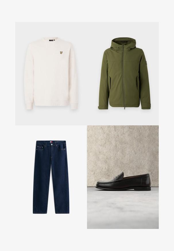 Olijfgroene jas met een capuchon, voorzien van een rits aan de voorkant, schuine naden, zijzakken en een logo-accent op de mouw. Soepele structuur.; Gebroken witte sweater met ronde hals, lange mouwen en een klein geel-zwart vogellogo op de linkerborst.; Donkerblauwe rechte jeans met vijf zakken en een knoopsluiting, met subtiele branding op het kleine voorzakje en de tailleband.; Zwarte leren penny loafer met lage hak, afgeronde neus en gestikte details langs de voorkant en zijkanten, afgebeeld op een neutrale achtergrond.