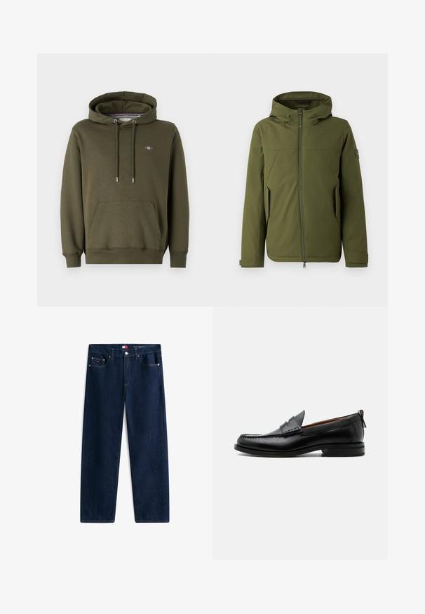 Veste vert olive avec capuche, dotée d'une fermeture éclair à l'avant, de coutures en biais, de poches latérales et d'un accent de logo sur la manche. Texture lisse.; Haut à capuche vert olive en tissu mélangé coton, avec une poche frontale, des cordons de serrage ajustables et un petit logo sur la poitrine.; Jean droit bleu foncé avec cinq poches et fermeture par bouton, avec un marquage discret sur la petite poche avant et la ceinture.; Mocassin homme en cuir noir avec couture moc toe, bride penny, col texturé et petit talon empilé sur fond blanc.