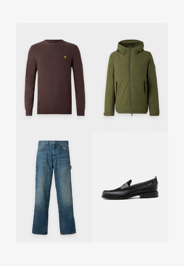 Veste vert olive avec capuche, dotée d'une fermeture éclair à l'avant, de coutures en biais, de poches latérales et d'un accent de logo sur la manche. Texture lisse.; Pull marron en tissu tricoté doux, avec un col rond et des manches longues. Accent brodé d'un oiseau jaune sur la poitrine.; Jeans en denim de couleur bleu moyen, avec une coupe décontractée, des poches avant et des coutures contrastées. Comprend des détails en panneaux sur les jambes.; Mocassin en cuir noir avec détail de bride grise, talon bas et semelle texturée, marqué "HUGO" en or sur le côté.