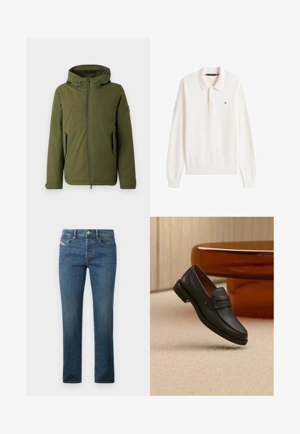 Veste vert olive avec capuche, dotée d'une fermeture éclair à l'avant, de coutures en biais, de poches latérales et d'un accent de logo sur la manche. Texture lisse.; Polo blanc à manches longues avec poignets et ourlet côtelés, patte de boutonnage et petit logo drapeau Tommy Hilfiger sur la poitrine.; Jean en denim bleu foncé avec une coupe droite, style à cinq poches et un léger délavage. Présente un bouton métal et des passants de ceinture.; Mocassin homme en cuir noir avec une bande sur le dessus, présenté sur un tapis beige près d'une table ronde moderne marron.