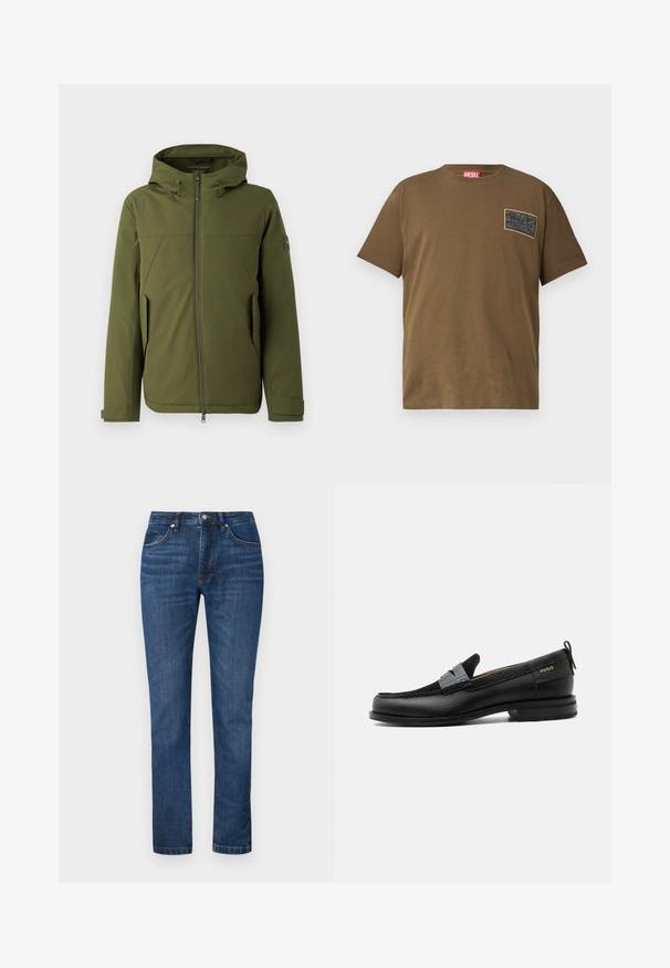 Olijfgroene jas met een capuchon, voorzien van een rits aan de voorkant, schuine naden, zijzakken en een logo-accent op de mouw. Soepele structuur.; Bruine katoenen t-shirt met ronde hals, voorzien van een zwart grafisch patch op de linkerborst. Korte mouwen en een rechte zoom.; Donkerblauwe spijkerbroek met een recht gesneden ontwerp, subtiele slijtage, standaard vijf-pocket styling en oranje stiksels.; Zwarte leren loafer met grijs riemdetailelement, lage hak en gestructureerde zool, aan de zijkant gebrandmerkt met "HUGO" in goud.