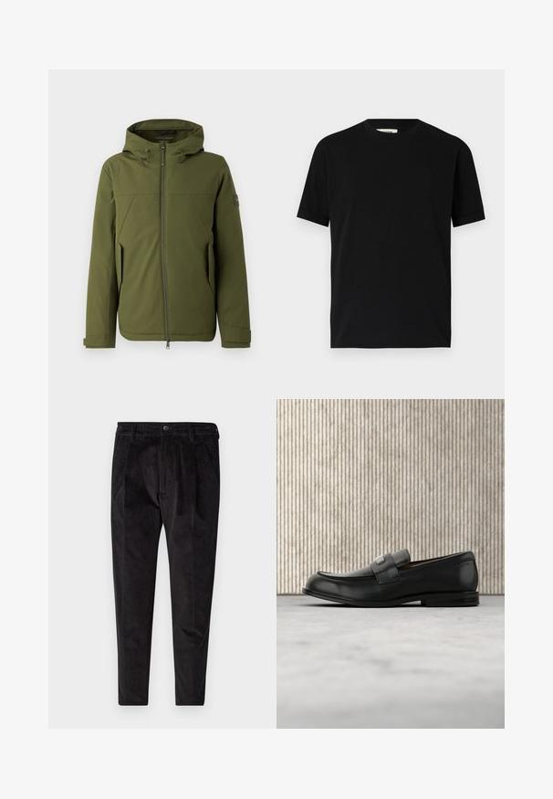 Olivengrøn jakke med hætte, som har en frontlynlås, skrå syninger, sidelommer og logoaccent på ærmet. Glat tekstur.; Sort kortærmet t-shirt lavet af bomuld med rund halsudskæring og løs pasform. Glat tekstur, ingen mønstre eller synlige logoer.; Sorte fløjl bukser med en tekstureret overflade, der har lige ben, plisseret front og elastisk talje for øget komfort.; Sort læderloafer med metalbrandskilt hvilende nær et brunt rundt bord på beige tæppe.