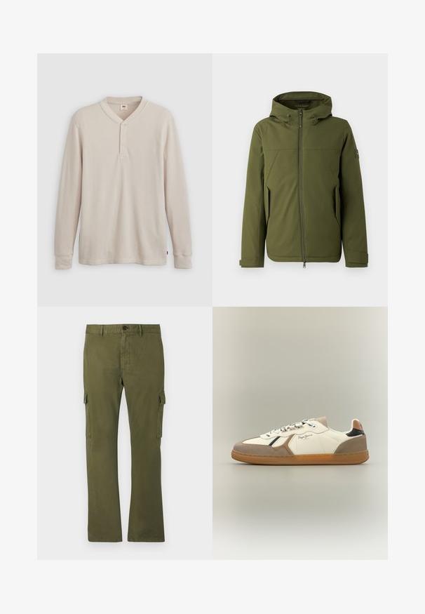 Olivengrøn jakke med hætte, som har en frontlynlås, skrå syninger, sidelommer og logoaccent på ærmet. Glat tekstur.; Langærmet henley-skjorte i lys beige ribbet stof, med V-hals, tre-knap placket og manchetter ved ærmerne. Rød logo-tags ved kanten.; Olivengrønne cargo-bukser lavet af bomuld med lige ben, der har sidelommer og knaplukning i taljen.; Hvid og beige sneaker med ruskindsdetaljer, gummisål, flade snørebånd og logodetalje. Har et strømlinet design med kontrasterende farver.
