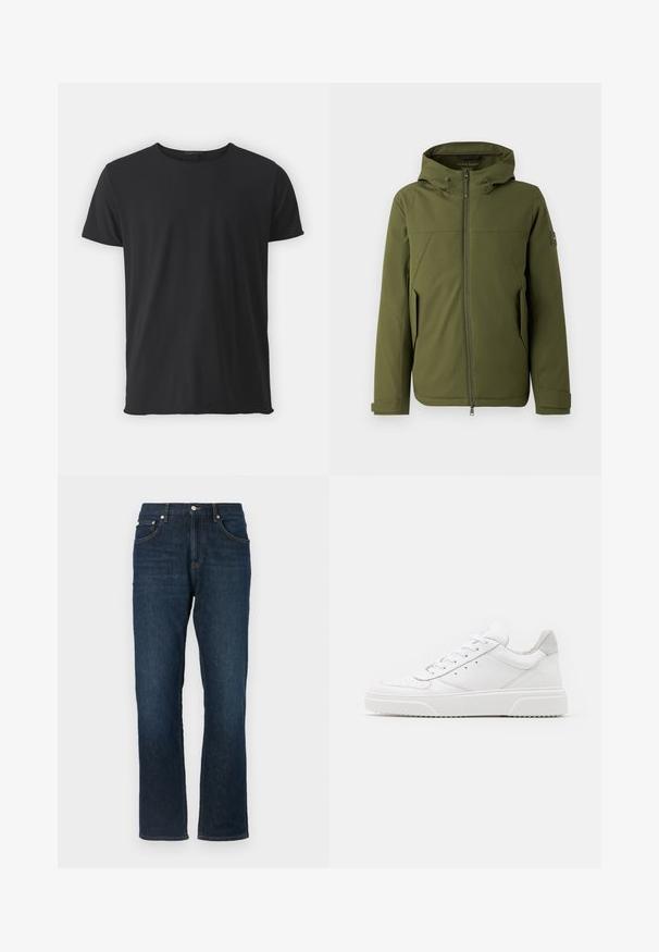 Olijfgroene jas met een capuchon, voorzien van een rits aan de voorkant, schuine naden, zijzakken en een logo-accent op de mouw. Soepele structuur.; Zwarte korte mouwen t-shirt gemaakt van zacht katoen, met een klassieke ronde halslijn en een gladde textuur, met een rechte snit.; Donkerblauwe spijkerbroek met rechte pijpen, voorzien van vijf zakken, knoopsluiting en contrasterende oranje stiksels.; Witte leren sneakers met een gladde afwerking, ronde neus, platte veters en een gestructureerde zool. Grijze suède accent bij de hiel.