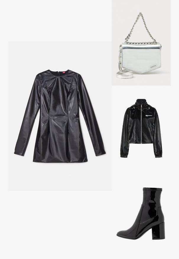 Čierna lesklá bunda na zips s vysokým golierom, elastickými manžetami, bočnými vreckami a logom "KARL LAGERFELD JEANS" na ľavej strane hrudníka.; 032c TRAPEZE TOO TIGHT MINI DRESS - Koktailové šaty/večierkové šaty - black luster; Čierne lakované členkové čižmy s hladkým povrchom, špicatou špičkou a pevným blokovým opätkom. Disponujú dizajnom bez zipsu a kontrastným prešívaním.; Strieborná kovová kabelka na rameno s reťazovým popruhom, geometrickým tvarom, hladkou textúrou a detailom loga. Má zipsové uzatváranie a zdobené stehy.