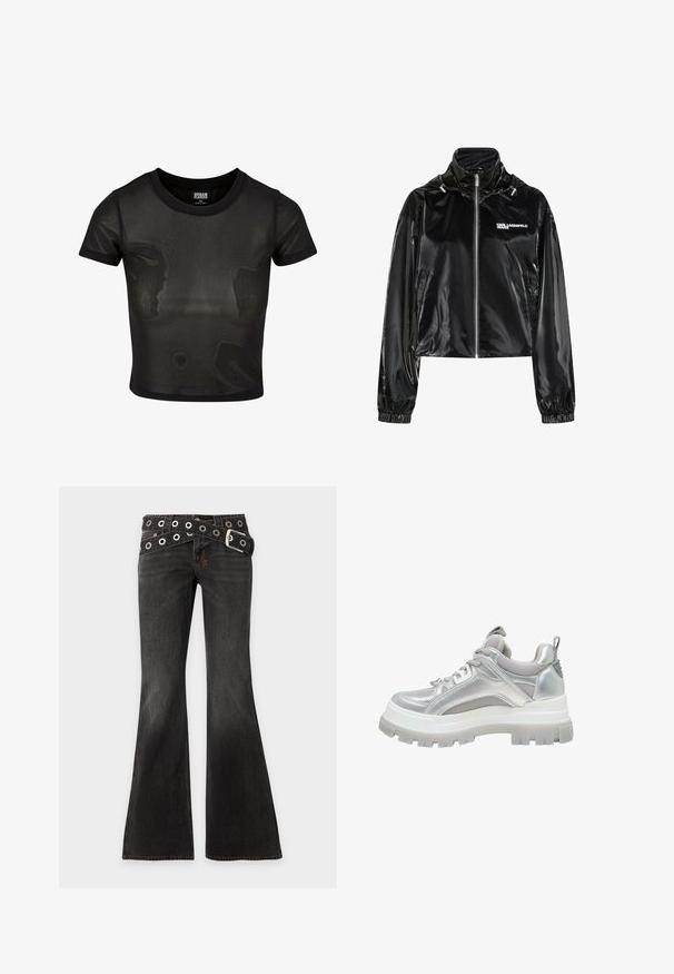 Chaqueta negra brillante con cremallera, cuello alto, puños elásticos, bolsillos laterales y logo "KARL LAGERFELD JEANS" en el lado izquierdo del pecho.; Camiseta corta negra hecha de tela translúcida, con mangas cortas y escote redondo. Superficie texturizada y dobladillo sólido en contraste.; Vaqueros negros acampanados con costuras visibles en naranja y un cinturón con doble ojete cruzados y hebilla plateada en la cintura.; Deportiva con suela gruesa en plata con paneles de malla, cuello acolchado, cierre de cordones y tira en el talón, vista lateral.