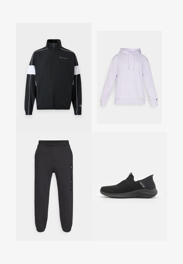 Schwarze Sportjacke mit weißen Seitenpanelen, Reißverschluss, hohem Kragen, elastischen Bündchen und Champion-Logo auf der Brust. Leichtes Material.; Helle lavendelfarbene Kapuzenjacke mit einer Kängurutasche, Zugbandkapuze und einem kleinen weißen Logo auf der Brust. Hergestellt aus weichem Stoff mit gerippten Bündchen.; Schwarze Jogginghose mit elastischem Bund und elastischen Bündchen. Hat einen leichten Glanz und ein strukturiertes Logo am linken Bein.; Schwarze Slipper mit einem atmungsaktiven Mesh-Obermaterial, strukturiertem Design, flexibler Sohle und einem glatten, gepolsterten Fußbett.