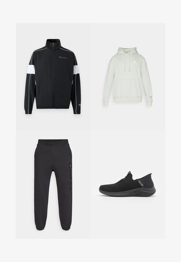 Schwarze Sportjacke mit weißen Seitenpanelen, Reißverschluss, hohem Kragen, elastischen Bündchen und Champion-Logo auf der Brust. Leichtes Material.; Hellgrüner Hoodie aus weichem Material mit einer Kordelzugkapuze, einer Fronttasche und einem gestickten Logo auf der Brust. Mit gerippten Bündchen und Saum.; Schwarze Jogginghose mit elastischem Bund und elastischen Bündchen. Hat einen leichten Glanz und ein strukturiertes Logo am linken Bein.; Schwarze Slipper mit einem atmungsaktiven Mesh-Obermaterial, strukturiertem Design, flexibler Sohle und einem glatten, gepolsterten Fußbett.