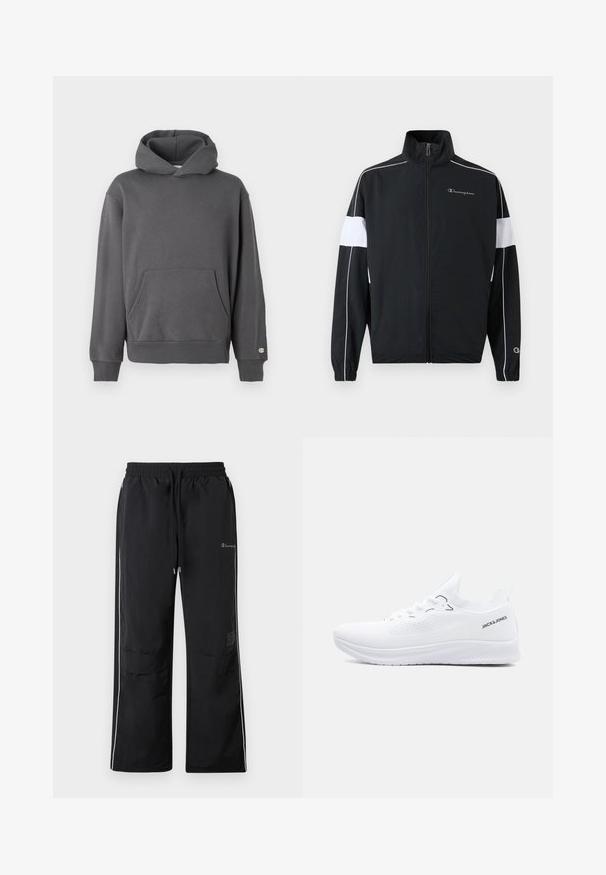 Sort sportsjakke med hvide sidepaneler, lynlås foran, høj krave, elastiske ærmer og Champion-logo på brystet. Letvægtsmateriale.; Grå pullover hoodie med en frontkangaroo-lomme, ribbede manchetter og hætte med snoretræk. Har diskret logo-detaljering på brystet.; Sorte træningsbukser med elastisk talje, hvide side-striber og to frontlommer. Har et logo og størrelsesskilt på siden.; Hvid strikket lavtop-sneaker med tekstureret sål, snørelukning foran og "JACK & JONES" logo på hælkantens side.