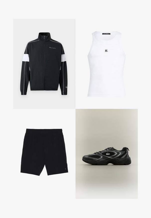 Sort sportsjakke med hvide sidepaneler, lynlås foran, høj krave, elastiske ærmer og Champion-logo på brystet. Letvægtsmateriale.; Hvid ribbet tanktop med en rund halsudskæring og en tætsiddende pasform. Har et lille sort "KL" logo midt på forsiden. Glat tekstur.; Sorte shorts lavet af letvægtsstof, med elastisk talje, to sidelommer og et lille logo på nederste højre side.; Sort og grå atletisk sneaker med mesh-paneler, snørebåndsdesign, tyk sål og et lille krokodillelogo på siden.