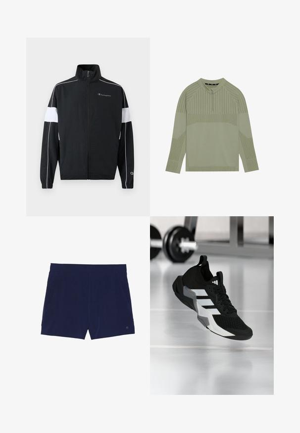 Veste de sport noire avec panneaux latéraux blancs, fermeture éclair, col montant, poignets élastiques et logo Champion sur la poitrine. Matériau léger.; Haut à manches longues vert clair avec un col zippé quart, présentant une texture côtelée et des motifs rayés sur les manches et le corps.; Shorts de bain bleu marine en tissu léger, dotés d'une taille élastique et de deux poches latérales pour le rangement.; Chaussure de sport noire avec une tige en mesh, des rayures blanches et des accents gris. Dotée d'un col rembourré et d'une semelle en caoutchouc. Adaptée pour une utilisation en salle de sport.