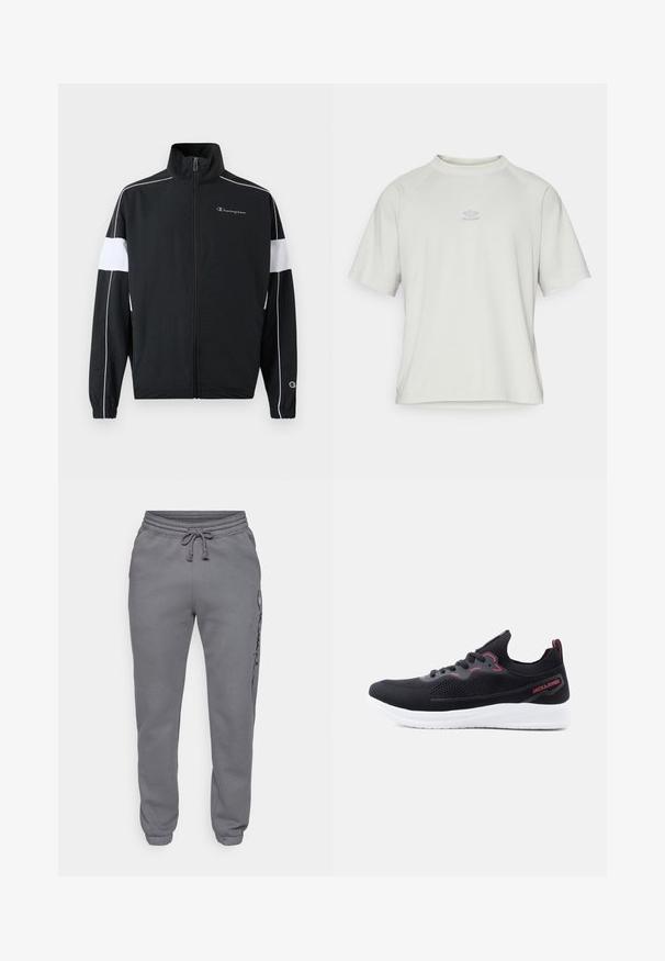 Must have valge külgpaneelidega must spordijakk, lukuga kinnitamine, kõrge krae, elastsed mansetid ja Championi logo rinnal. Kerge materjal.; Umbro WASHED HIGH NECK BOXY TEE - Lihtne T-särk - harbor mist; Champion ICONS ELASTIC-CUFF SLIM FIT - Dresside alumine osa - foggy; Mustast kudumist sportlik spordijalats valge tallaga, punaste detailide ja paeltega ning "JACK & JONES" brändinguga kanna küljes.