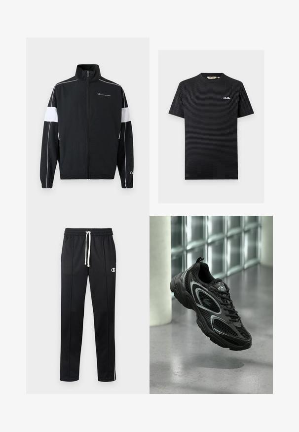 Must have valge külgpaneelidega must spordijakk, lukuga kinnitamine, kõrge krae, elastsed mansetid ja Championi logo rinnal. Kerge materjal.; Must ja tumehall triibuline lühikeste varrukatega T-särk, mille vasakul rinnal on väike valge Ellesse logo ja ümarsäärmega kaelus.; Mustad must nadrugid valge paelaga, külgedele triibud, ees taskud ja väike valge Championi logo vasakul reiel.; Mustad sportkinga, mis on valmistatud võrgust ja sünteetilisest materjalist, omades tekstureeritud tallaga, sujuva disaini, hõbedaseid aktsente ja ees paeltega kinnitust.
