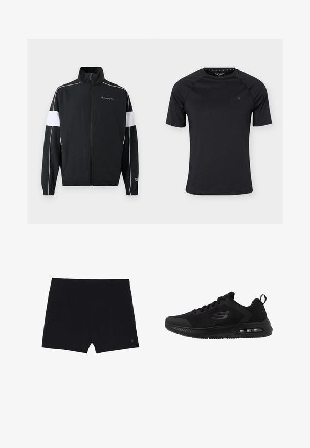 Schwarze Sportjacke mit weißen Seitenpanelen, Reißverschluss, hohem Kragen, elastischen Bündchen und Champion-Logo auf der Brust. Leichtes Material.; Schwarzes kurzärmeliges Sport-T-Shirt mit Rundhalsausschnitt und kleinem Logo auf der linken Brust, dargestellt auf einfachem hellem Hintergrund.; Schwarze Sportshorts mit glatter Textur, elastischem Bund und zwei Seitentaschen. Mit einem kleinen Logo auf der unteren rechten Seite.; Schwarze Sportschuhe mit einem atmungsaktiven Mesh-Obermaterial, strukturierten Akzenten, dämpfender Zwischensohle und einer sichtbaren Luftblase in der Sohle für zusätzlichen Komfort.