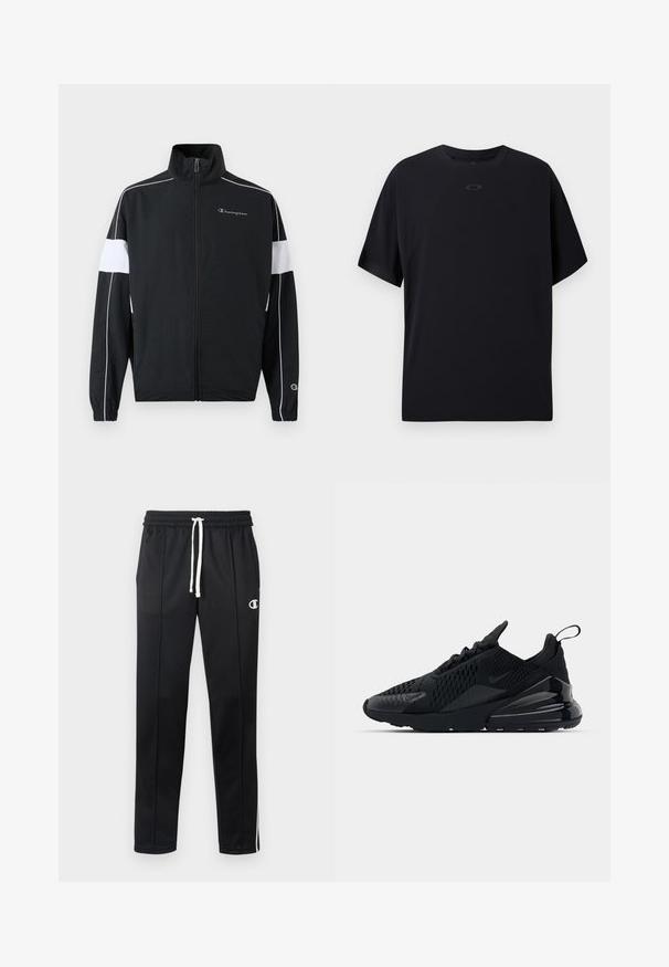 Must have valge külgpaneelidega must spordijakk, lukuga kinnitamine, kõrge krae, elastsed mansetid ja Championi logo rinnal. Kerge materjal.; Must have musta lühikese varrukaga T-särk, mis on valmistatud kergest kangast, ümmarguse kaelusega, raglanvarrukatega ja rinnal diskreetne logo.; Mustad must nadrugid valge paelaga, külgedele triibud, ees taskud ja väike valge Championi logo vasakul reiel.; Mustad mustad Nike Air Max 270 tossud, millel on tekstuuriga ülemine osa, võrkpaneelid ja läikiv kand, kus on silmapaistev õhupuhumise üksus.