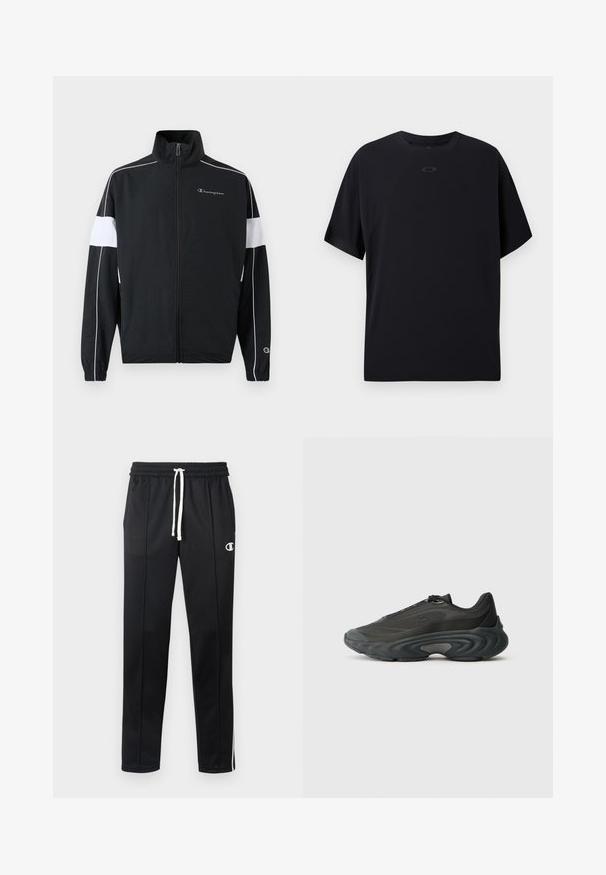 Sort sportsjakke med hvide sidepaneler, lynlås foran, høj krave, elastiske ærmer og Champion-logo på brystet. Letvægtsmateriale.; Sort kortærmet T-shirt lavet af letvægtsstof, med rund hals, raglanærmer og et diskret logo på brystet.; Sorte atletiske bukser med hvid snor, sidelister, frontlommer og et lille hvidt Champion-logo på venstre lår.; Sort sportssko med mesh- og syntetisk overdel, slankt design, tykk buet sål og teksturerede detaljer på siderne og tåen.