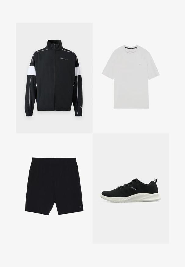 Veste de sport noire avec panneaux latéraux blancs, fermeture éclair, col montant, poignets élastiques et logo Champion sur la poitrine. Matériau léger.; T-shirt blanc à manches courtes avec col rond, présentant des manches raglan, un logo subtil sur la poitrine et des finitions contrastées au niveau du col.; Shorts noirs en tissu léger, avec une taille élastique, deux poches latérales et un petit logo en bas à droite.; Chaussures de sport noires avec un dessus en maille texturée, semelle blanche contrastante et design incurvé. Présente un système de laçage et un détail de logo.