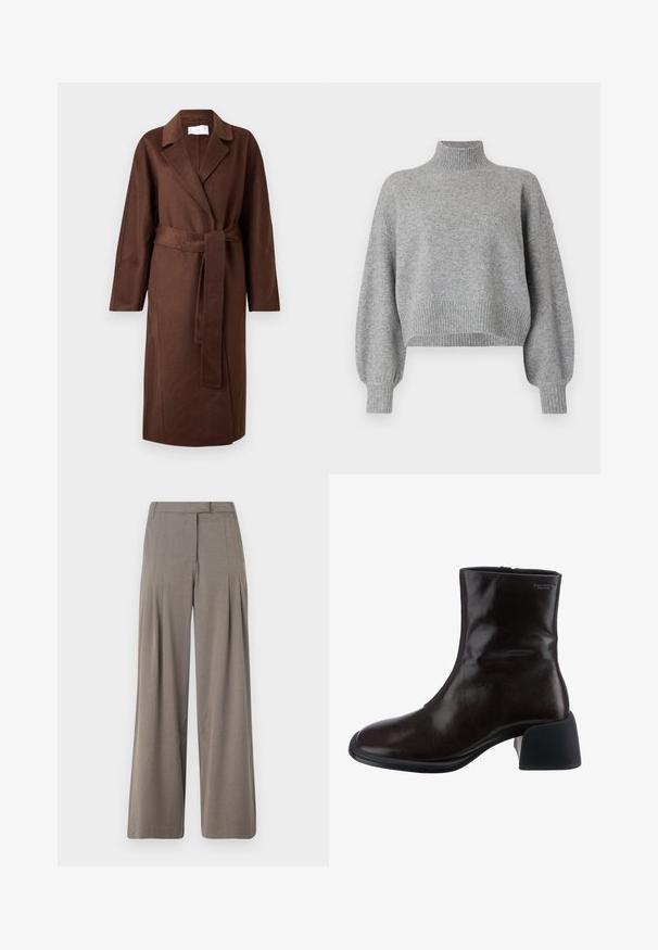 Brun uldblandings omslagsjakke med krave, lange ærmer, bindebælte og lige snit. Glat tekstur med minimal detail og ingen lukninger.; Grå cropped sweater med høj krave, ribbede mansjetter og kant, samt droppede skuldre. Blød tekstur med minimale sømme.; Viddebukser i lysebrunt stof, med læg, flad front og en ren kant. Glat tekstur med en subtil glans.; Vagabond ANSIE - Støvletter - braun