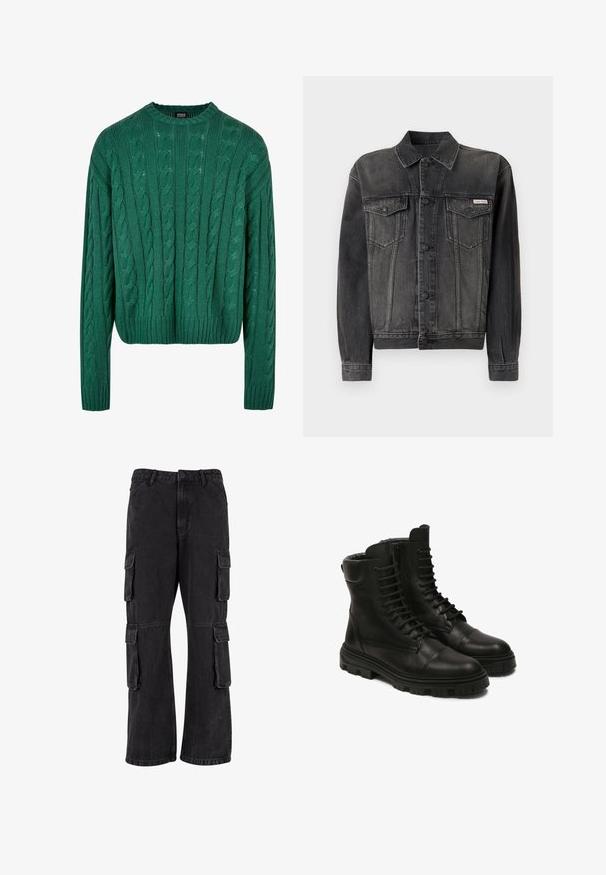 Veste en denim noir avec un devant à boutons, des poches sur la poitrine et un col. Présente une texture délavée et des manches contrastées. Étiquette sur la poitrine.; Pull en tricot vert avec un col rond et des manches longues. Présente un design court et un motif texturé sur l'ensemble.; Pantalons cargo noirs en denim, dotés d'une coupe ample, de plusieurs poches latérales et de détails cousus. La texture est légèrement usée.; Bottes en cuir noir avec un design à lacets, dotées d'une fermeture éclair sur le côté, d'une semelle robuste et d'un embout renforcé. Texture lisse et construction solide.