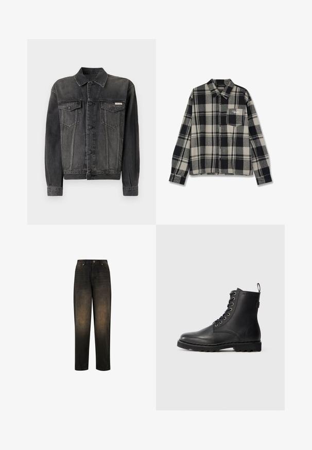 Veste en denim noir avec un devant à boutons, des poches sur la poitrine et un col. Présente une texture délavée et des manches contrastées. Étiquette sur la poitrine.; Chemise en flanelle à carreaux noirs et crème, à manches longues, avec une fermeture à boutons, une poche poitrine simple et un logo brodé discret sur la poche.; Jean en denim foncé avec une finition légèrement délavée, présentant une jambe droite, un design à cinq poches et une fermeture à bouton métallique.; Bottine en cuir noir avec bout rond, design à lacets et œillets métalliques. Dispose d'une semelle texturée et d'une languette au talon pour un enfilage facile.