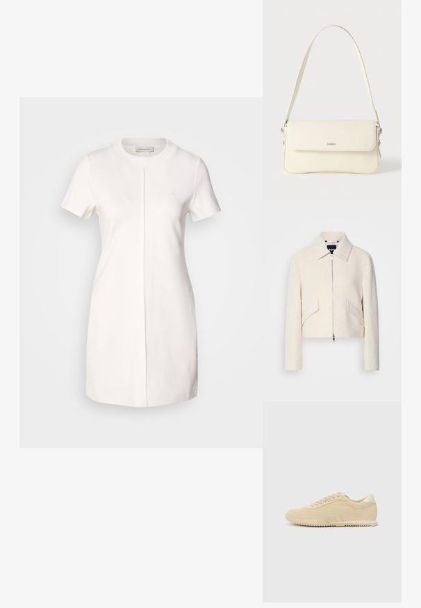 Lühike jakk heledast tekstureeritud kangast, millel on püsti krae ja küljetaskud, ees lukuga kinnitamine ja minimaalne sisustus.; Calvin Klein Jeans MILANO T SHIRT DRESS - Trikotaažkleit - tofu; Beige nubukist sneakers, millede sidemehhanismiga, tekstuuriga ülemise osaga, kontrastse kummist tallaga ja kerge kontsaga. Minimalistlik stiil koos diskreetse brändimisega.; Kreemikas nahast õlakott klapikinnituse, hõbedaste detailide, ühe reguleeritava rihma ja diskreetse logoga.